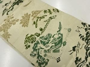 アンティーク　色紙に松鶴模様織出し丸帯（材料）